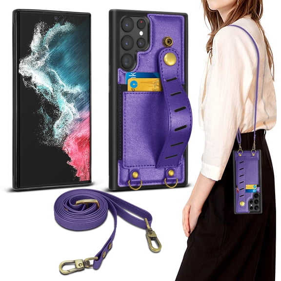 TakFox Wallet Case For Samsung Galaxy S22 Ultra Case, PU Leather Card Slots Holder Folio Flip Kickstand [Magnetic Detachable] Phone Cover Crossbody Strap Lanyard,Purple