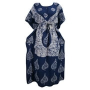 Mogul Womens Kaftan Housedress Blue Batik Print Cover Up Caftan Evening  Maxi Dresses