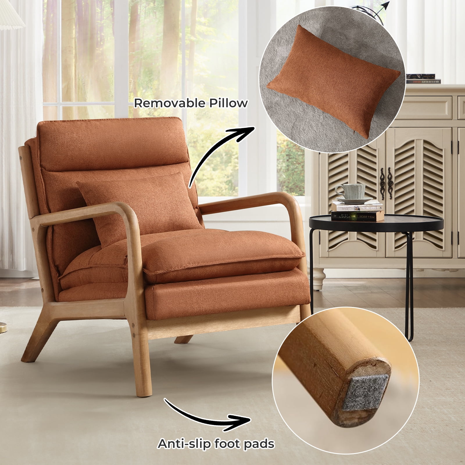 Ebello Mid Century Modern Accent Chair, Double-Padded Reading Armchair with Wood Frame & Lumbar Cushion for Living Room, Bedroom & Office, Brown