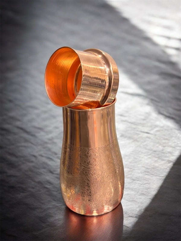 Copper Bedroom Bottle with Inbuilt Glass – Embossed Luxury Design Water Bottle for Daily Use Perfect for Bedroom or Gift