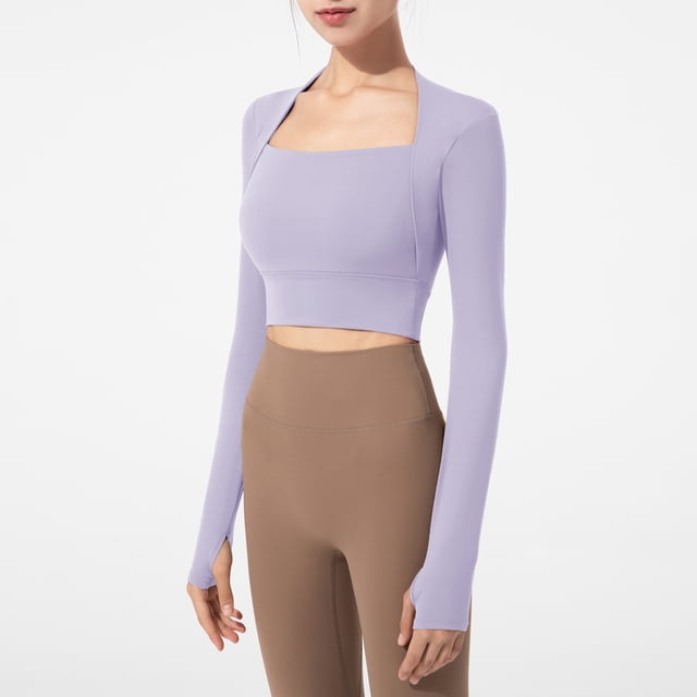 Ropa de yoga, chal de dos piezas, estilo de mujer con almohadilla para el pecho, camiseta de manga larga en forma de U color nude, ropa deportiva de fitness