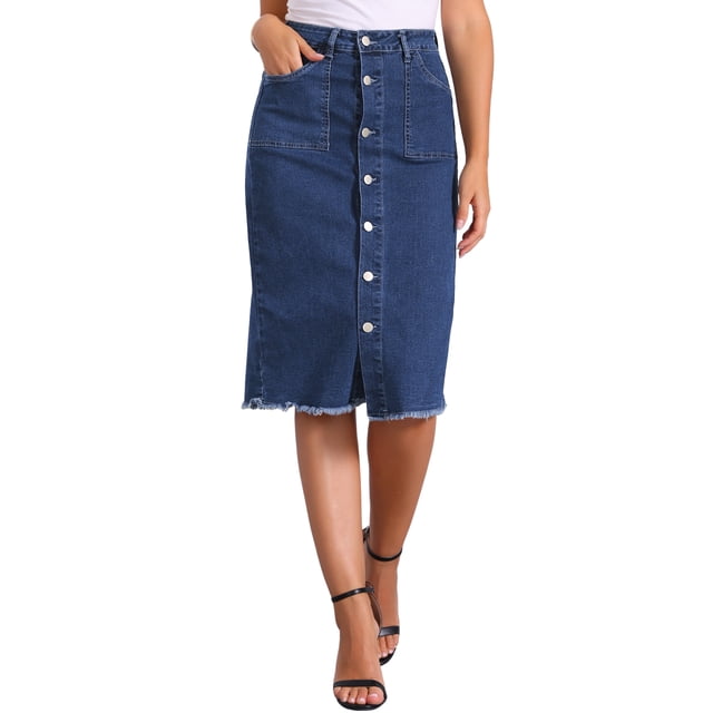 Falda de mezclilla de botón casual para mujer Inspire Chic, cintura alta, con dobladillo deshilachado, falda midi de mezclilla, talla S, azul oscuro