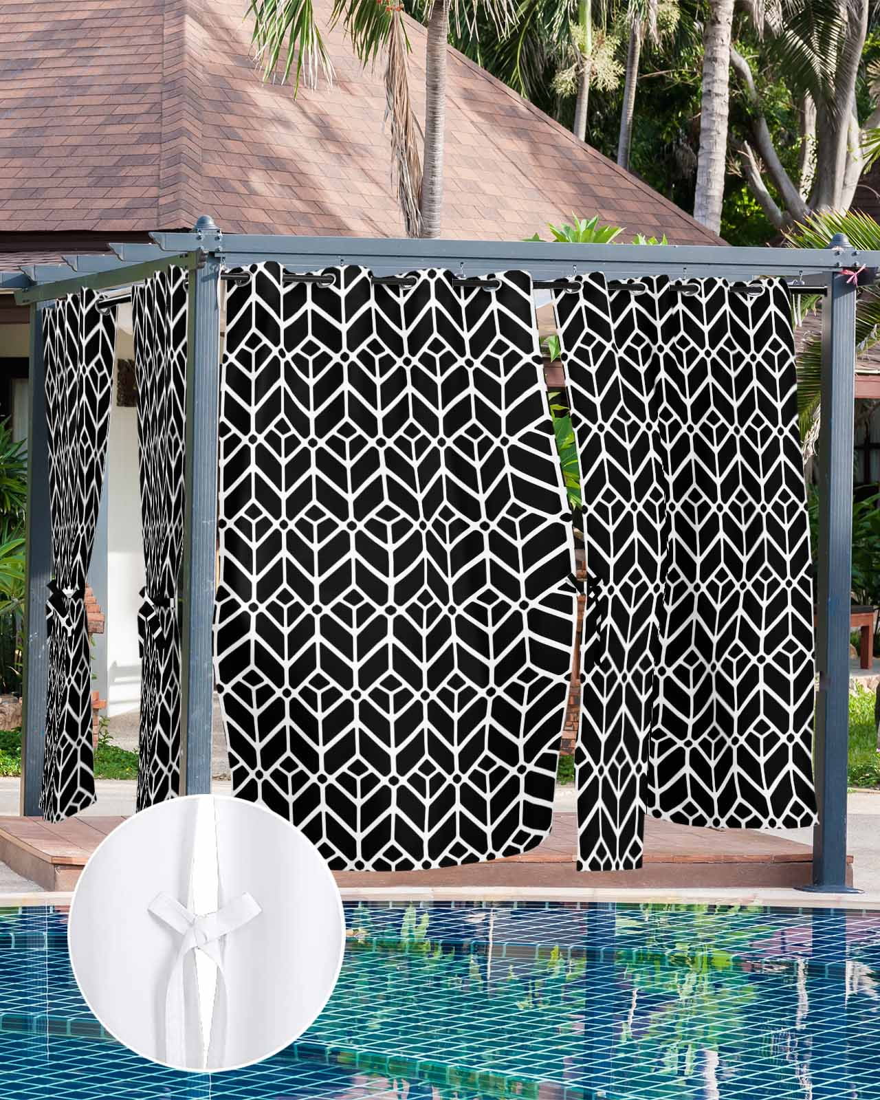 Geometric Outdoor Curtains for Patio, Modern Abstract Lines Texture Black Privacy Drapes Grommet Waterproof Outside Curtains for Porch/Cabana/Balcony 54"x 108", 1 Panel