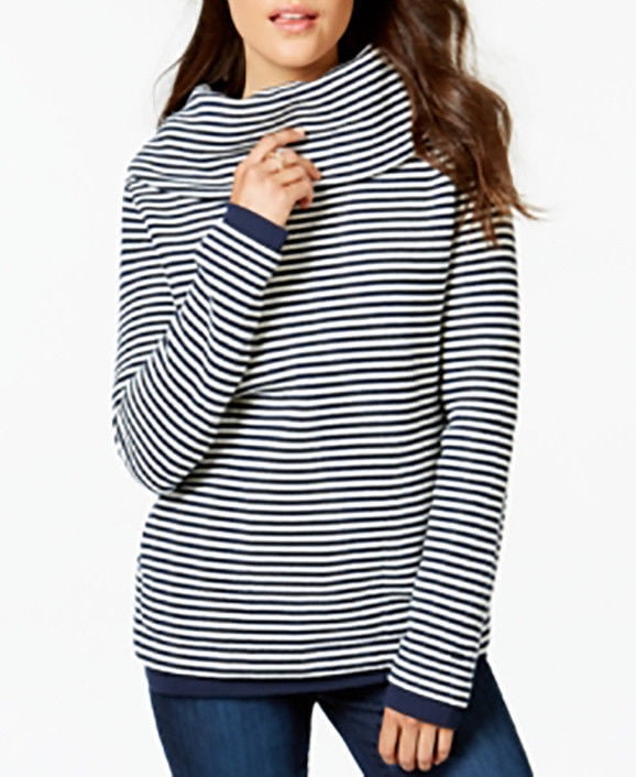 Striped Cowl Neck Pullover Sweater NAVY 