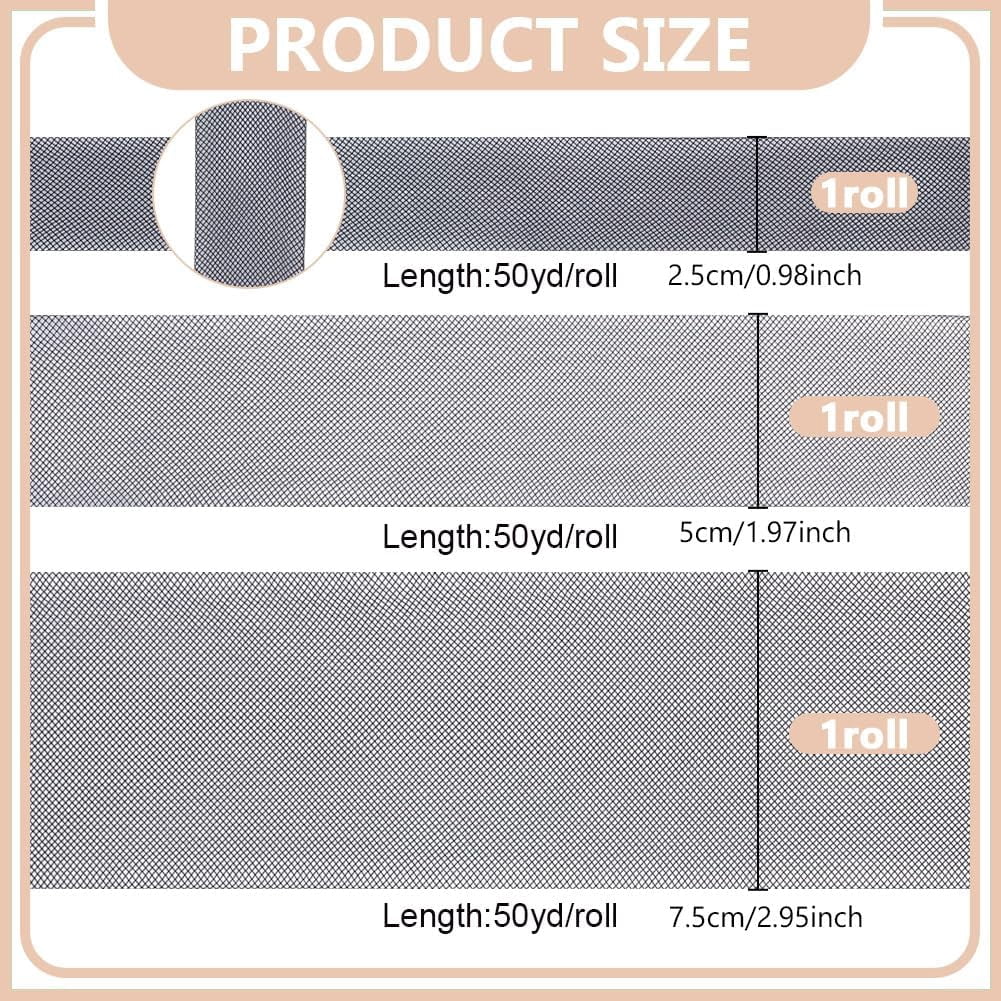 1set 3 rolls 3 styles Elastic Polyester Deco Mesh Ribbons for Hat Decoration Skirts Decoration Making Black 1~3 inch(25~75mm) about 50.00 Yards(45.72m)/Roll 1roll/style