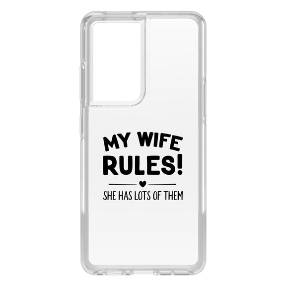 DistinctInk Clear Hybrid Case for Samsung Galaxy S21 Ultra (6.8" Screen) - My Wife Rules! She Has Lots of Them - Tempered Glass Back