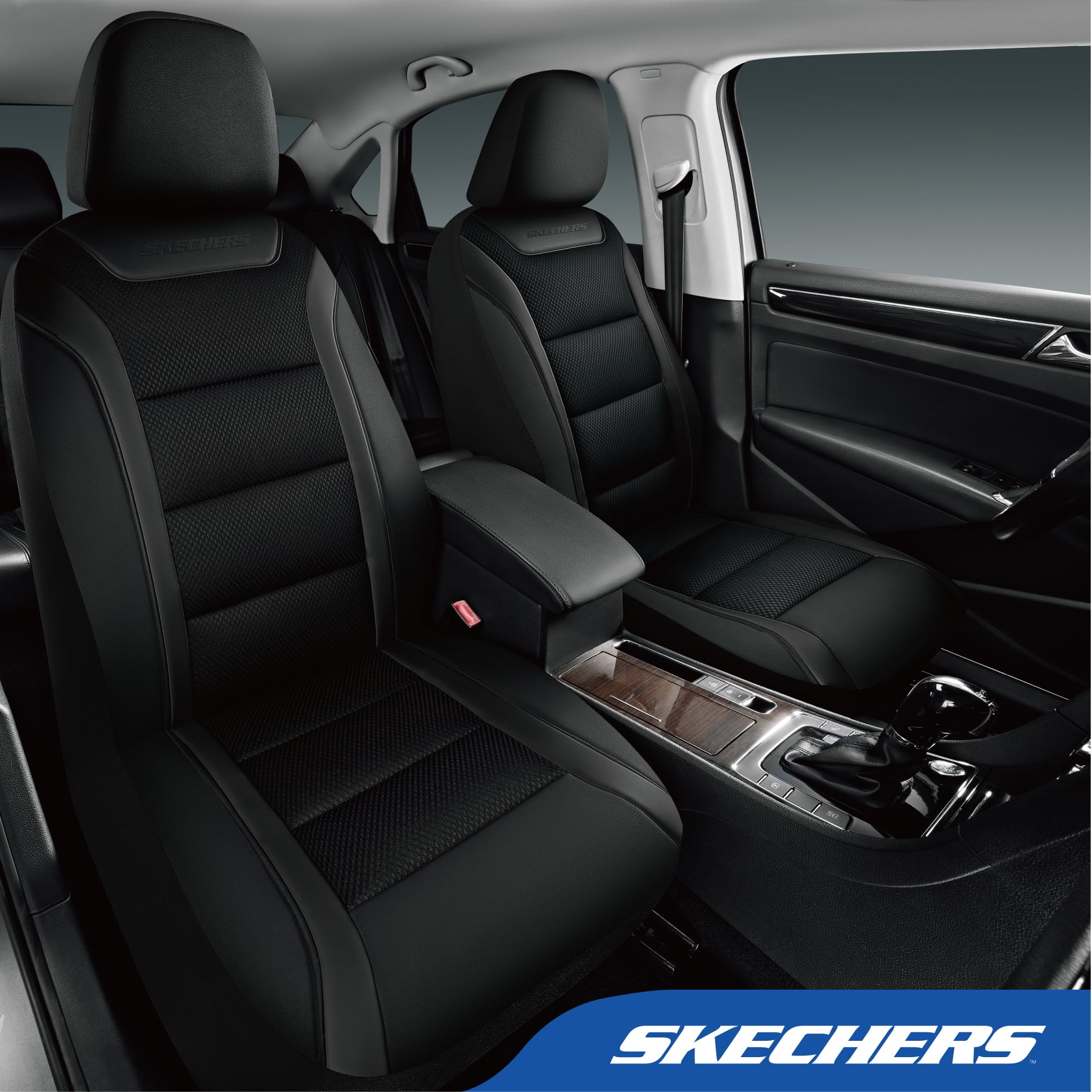 Skechers Leather Mesh Front Car Seat Cover – Premium Comfort with Breathable Mesh Panels, Durable Leather Construction, Universal Fit for Cars, Trucks, and SUVs - Black
