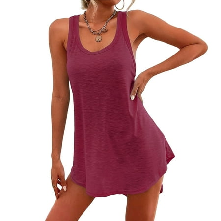 Ovticza Women s Sleeveless Mini Dress Round Neck Swimwear Coverups T-Shirt Beach Dress Tank Bikini Cover Up Wine S