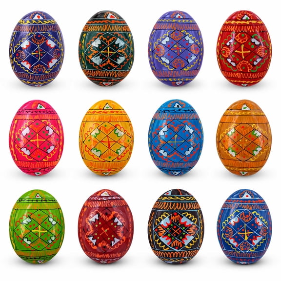 Set of 12 Handcrafted Geometric Ukrainian Pysanky Wooden Easter Eggs 2.5 Inches