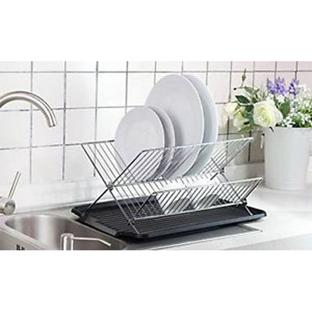 NeatO Chrome Steel Foldable X Type Small Dish Drainer Rack with Black