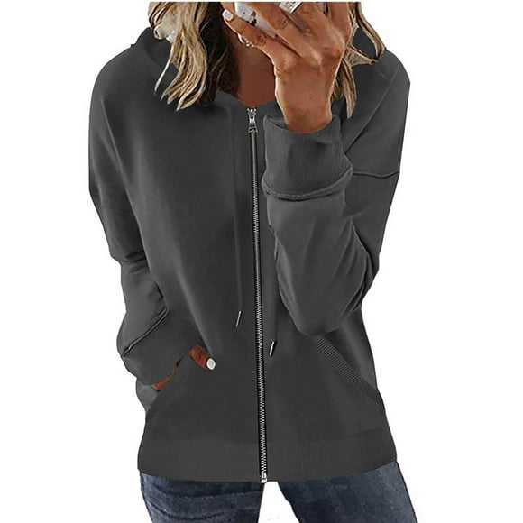 PEZHADA Fall Savings Women's Casual Zip Up Hoodie Jacket Open Front Loose Outerwear Long Sleeve Drawstring Hooded Sweatshirt with Pocket Gray