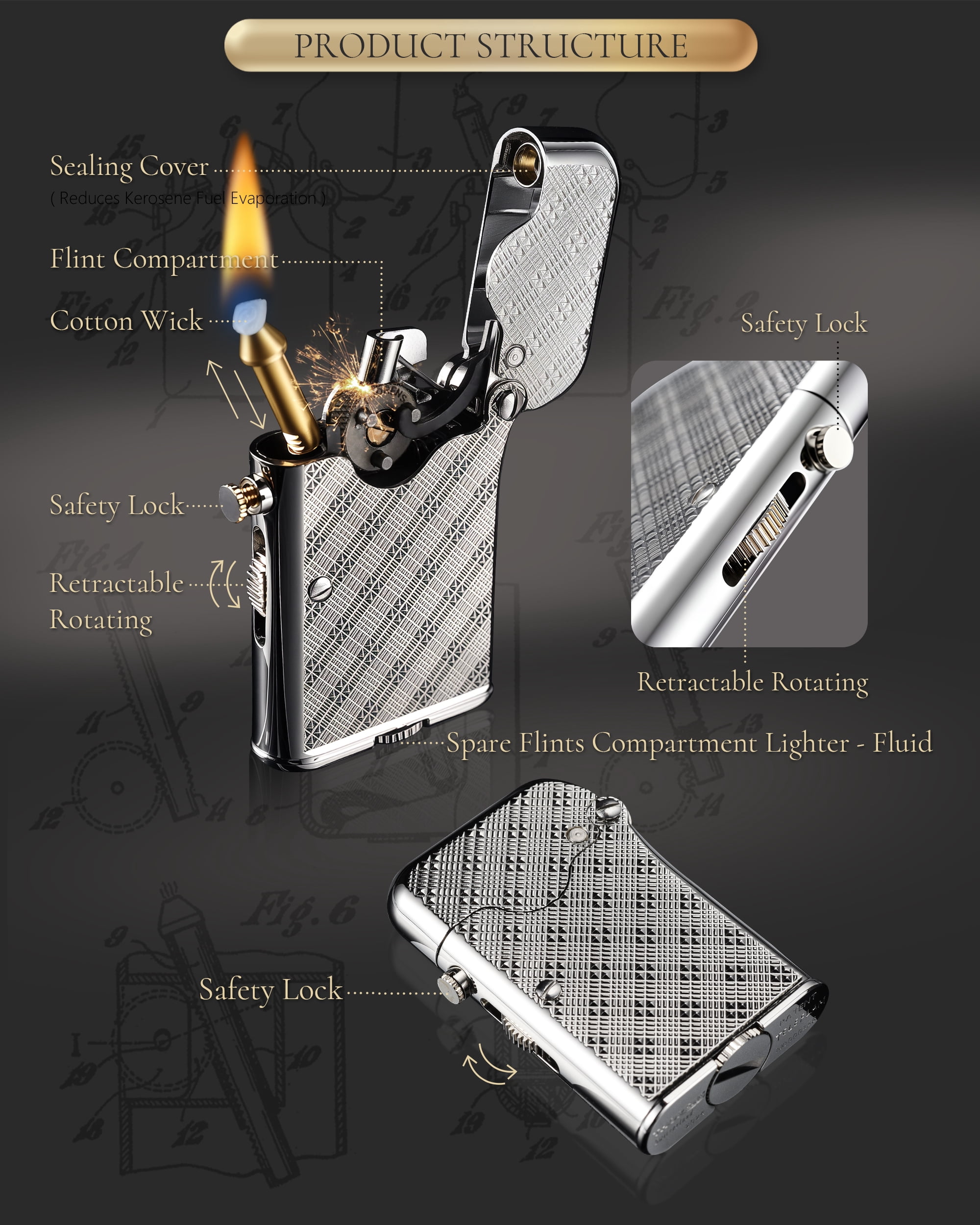 Automatic Ignition,Telescopic Classic Brass Kerosene Pipe Lighter,Refillable,Soft Flame,Camping,Thorens Teleflam Gen 7 Plum Pattern Single Claw,Birthday Gift