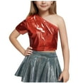 thumbnail image 2 of BLTIBY Children Sequin Short Sleeve T-shirt with Exposed Waist Girls One Shoulder Solid Color Elastic Fashion Performance Top Red 4-5 Years, 2 of 4