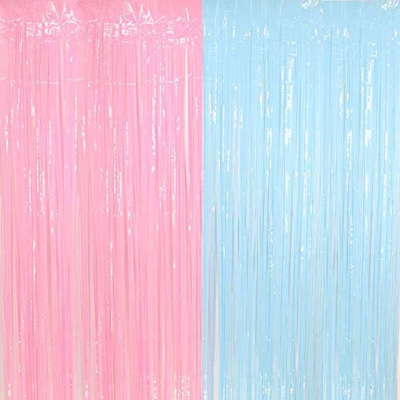 Pastel Fringe Curtains 3.2 ft x 6.6 ft Baby Shower Gender Reveals Party Decoration Party Photo Backdrop (Pink/Blue)