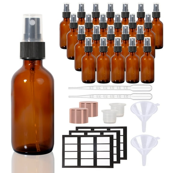 2 oz Amber Glass Essential Oil Spray Bottles with Funnel,Cap,Stopper& Labels, 24 Pack