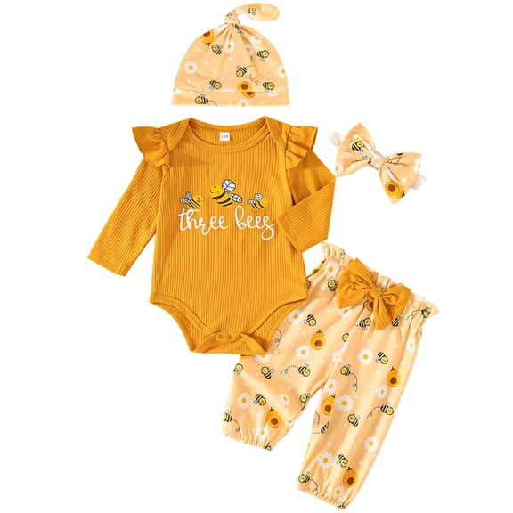 HWJAD Cute Bee Newborn Baby Girl Clothes Infant Outfits Romper Floral Fall Outfit Sunflower Pant Hat Headband Sets
