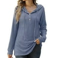 thumbnail image 2 of Women's Button V Neck Knitted Hoodies Sweaters Long Sleeve Casual Sweatshirt Drawstring Lightweight Pullover Tops, 2 of 7