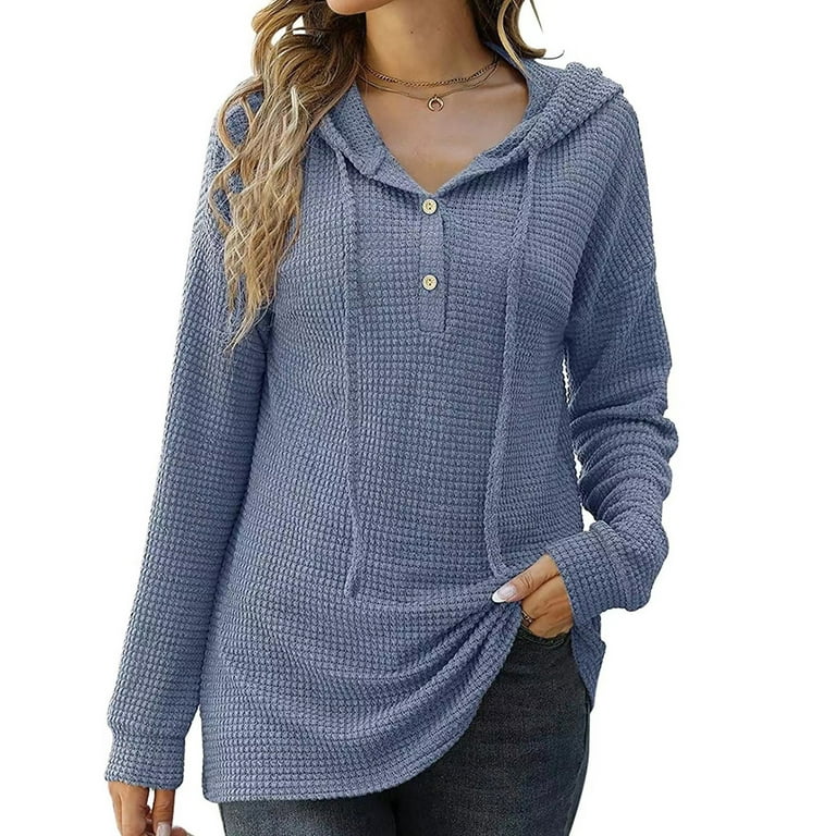 Byoimud Solid Color Waffle Knitting Gifts for Women Drawstring Hooded Button Up Sweatshirts Trendy Clothing Dressy Tops Long Sleeve Shirtss Fall