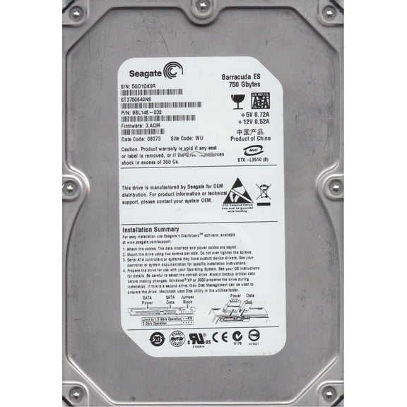 ST3750640NS, 5QD, WU, PN 9BL148-038, FW 3.AQM, Seagate 750GB SATA 3.5 Hard Drive