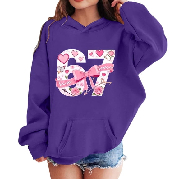 Kids Hoodies Sweatshirts 6 7 Six Seven Letter Hoodies Sweatshirts Comfortable Girls Long Sleeve Hooded Sweatshirt With Print And Pocket Pullover Hoodie For Kids Dark Purple 130(5-6 Years)