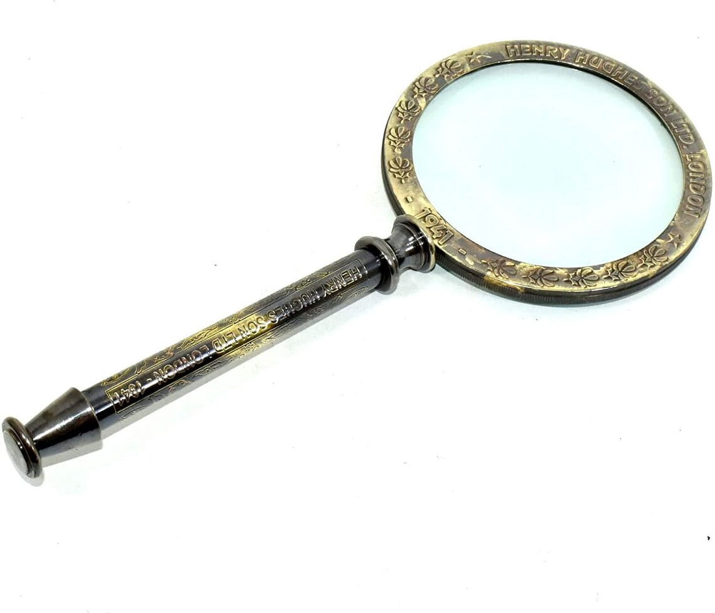 Maritime Treasures Magnifying Collectible Solid Brass 4" Diameter Brass Magnifying Glass Antique Desktop Magnifier With Leather Case. Brass Gift.