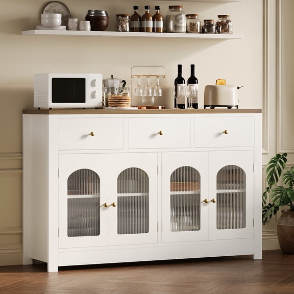 55" Modern Buffet Cabinet with Storage, Sideboard with Arched Acrylic Fluted Doors, 3 Drawers, Adjustable Shelves Coffee Bar Cabinet for Kitchen, Dining & Living Room