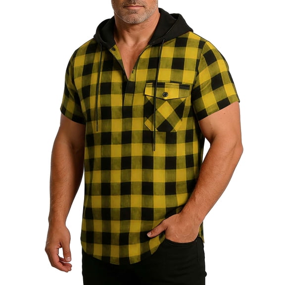 asjyhkr Mens Short Sleeve Hoodies Plaid with Pockets Casual Loose Fitted Comfy Workout Running Pullover