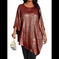 thumbnail image 3 of Blusa Holgada con Cuello Redondo y Mangas de Puntos, Dobladillo Irregular, Talla Grande 2025 para Mujer Rojo Púrpura XXXL, 3 of 8