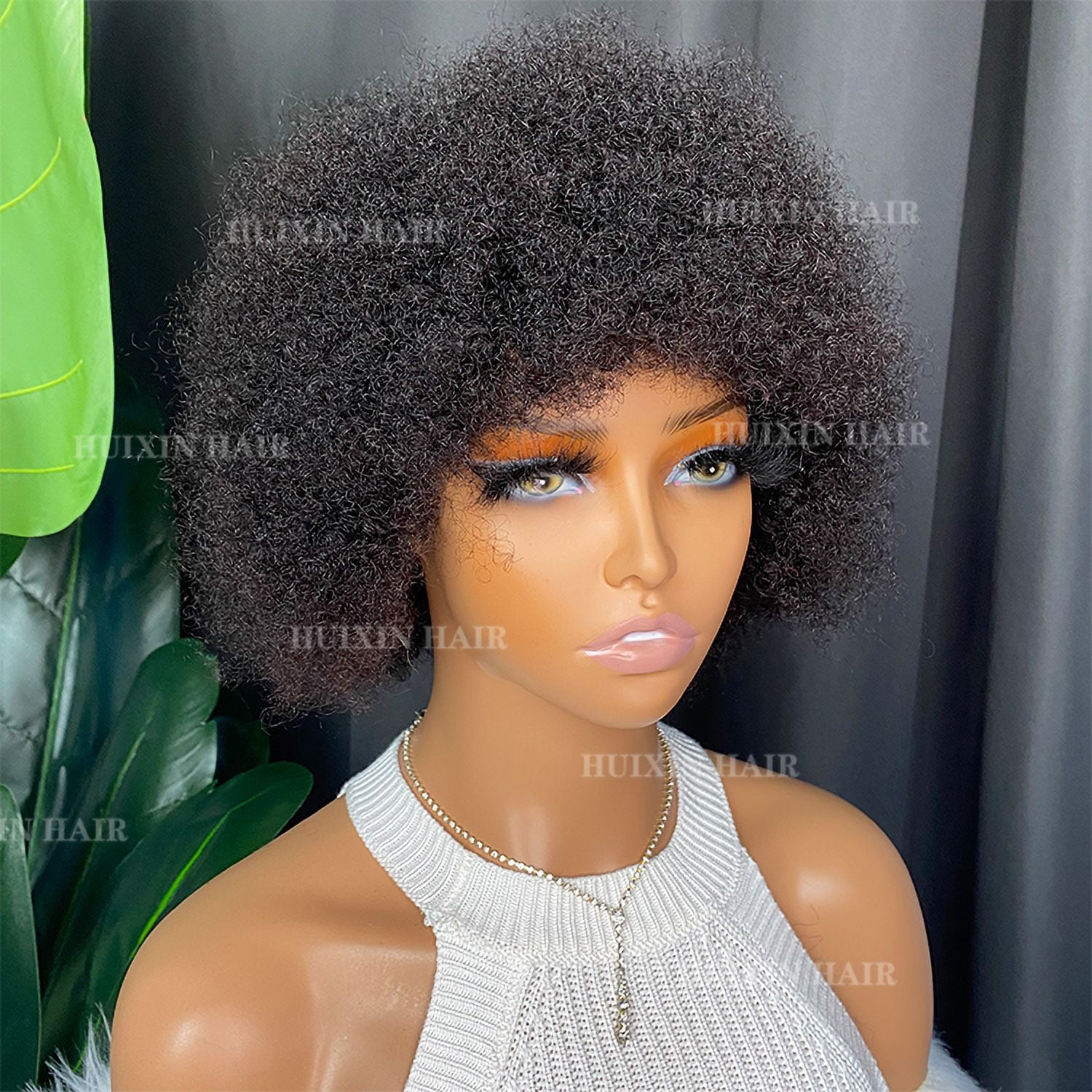 Vendor kinky curly human hair regular bang wig short inch wig P150