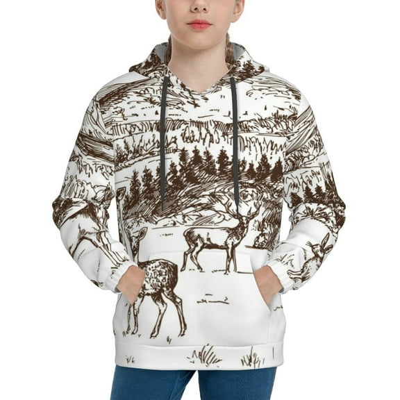 Rateoe Woodland Forest With Deers Pattern Boys Hoodie, Youth Pullover Hooded Sweatshirt, Kangaroo Pocket Hoodie for Kids-Small