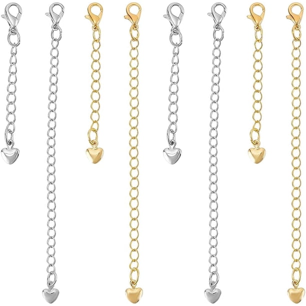 8 piezas de 4 estilos de cadena de extensión para pulsera de corazón, extensor de cadena de latón con dijes de amor y cierre de pinza de langosta.