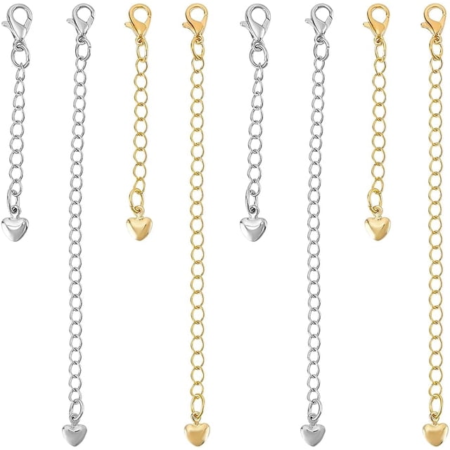 8 piezas de 4 estilos de cadena de extensión para pulsera de corazón, extensor de cadena de latón con dijes de amor y cierre de pinza de langosta.