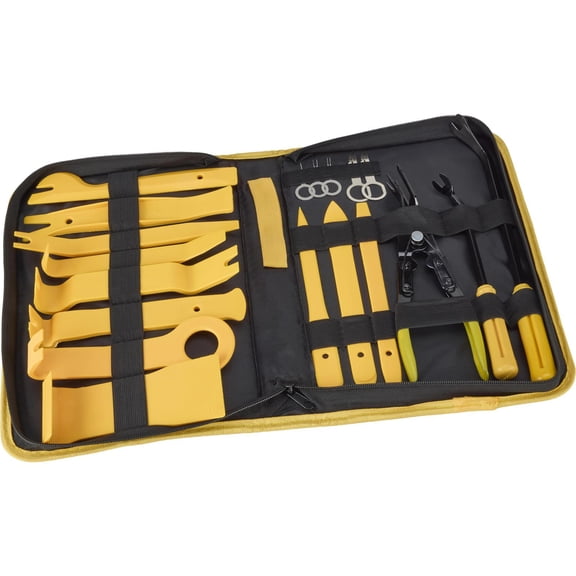 Speedway Motors 19-Piece Scratch-Resistant Plastic Auto Trim Removal Tool Kit with Non-Marring Pry Tools, Clip Pliers, Stereo Removal Keys, and Zippered Storage Case