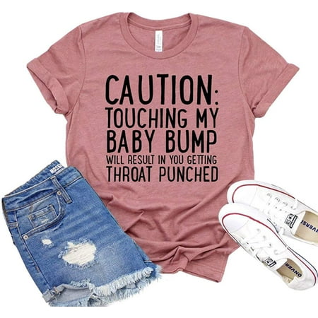 

JaneseAppar Caution Shirt Touching My Baby Bump Tshirt Women s Maternity Gift Announcement T-Shirt Pregnancy Reveal Shirts
