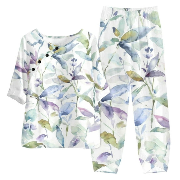 Plus Size Floral Printed Suits for Women 2 Piece O-Neck Short Sleeve Tops Wide Leg Pants Outfits Winter Loose-Fit Loungewear Sets