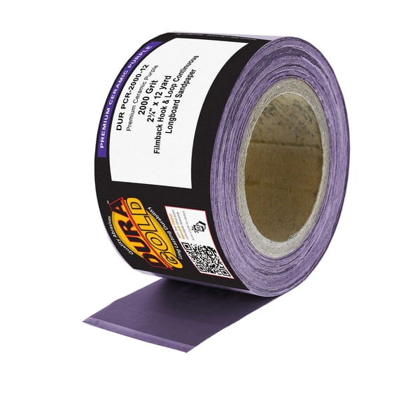 Dura-Gold Premium 2000 Grit Purple Film Ceramic Longboard Sandpaper, 2-3/4" Wide Continuous 12 Yard Roll - Hook & Loop Backing for Auto & Woodworking Air File Long Board Sanders
