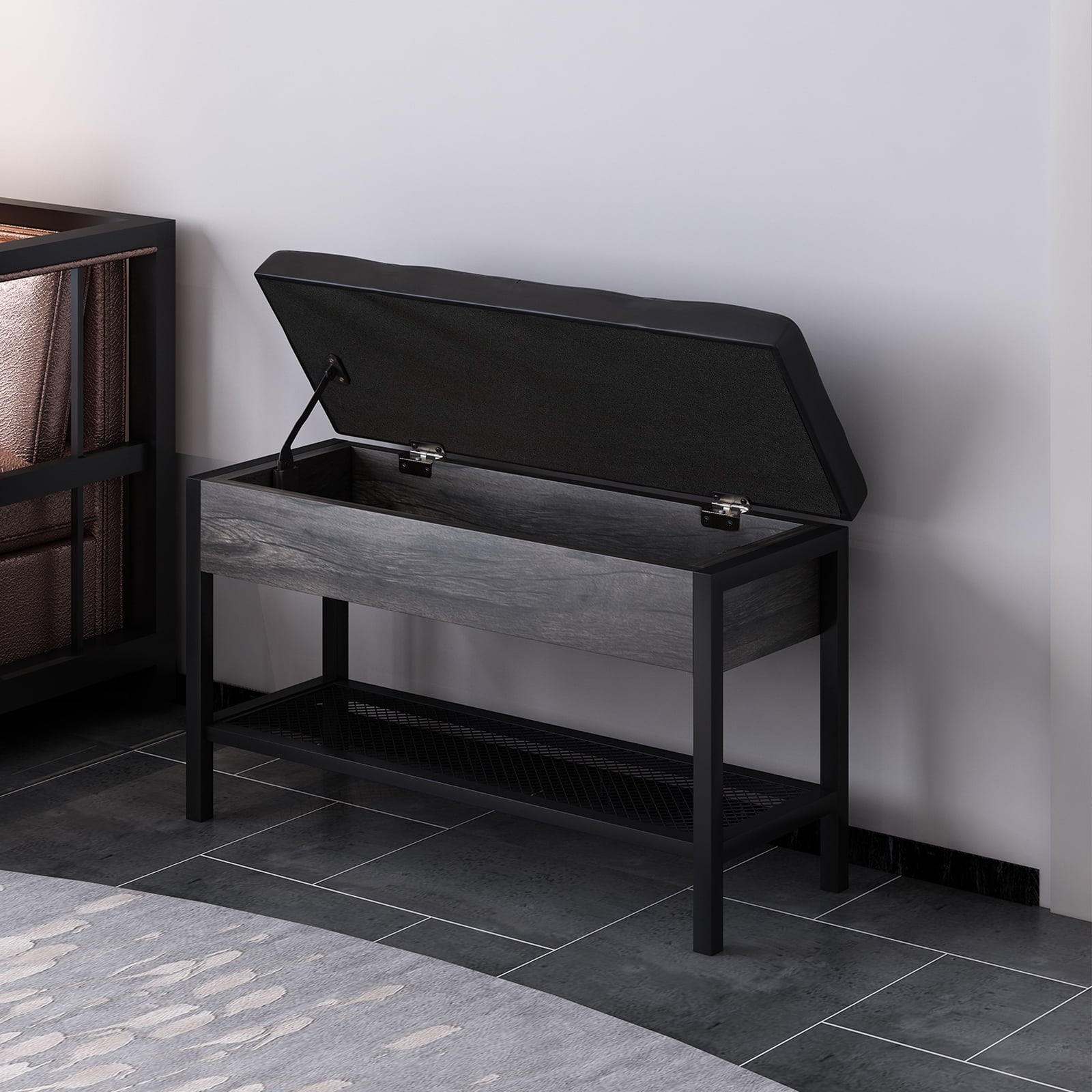 Kadyn Shoe Bench for Entryway, Modern Shoe Bench with Storage Box and Grid Shoe Shelf, Black Kadyn Shoe Bench for Entryway, Modern Shoe Bench with Storage Box and Grid Shoe Shelf, Black