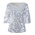 thumbnail image 4 of Giftesty Womens Plus Size Women Fashion Solid Sequin Shirt Round Neck Blouse Half Sleeve Loose Tops, 4 of 9