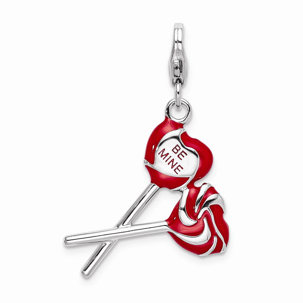 Sterling Silver Enamel Red Heart Be Mine Lollipop w/Lobster Clasp Charm Pendant