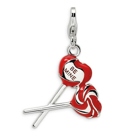 - Solid 925 Sterling Silver Enamel Red Heart Be Mine Lollipop with Lobster Clasp Pendant Charm (20mm x 38mm)
