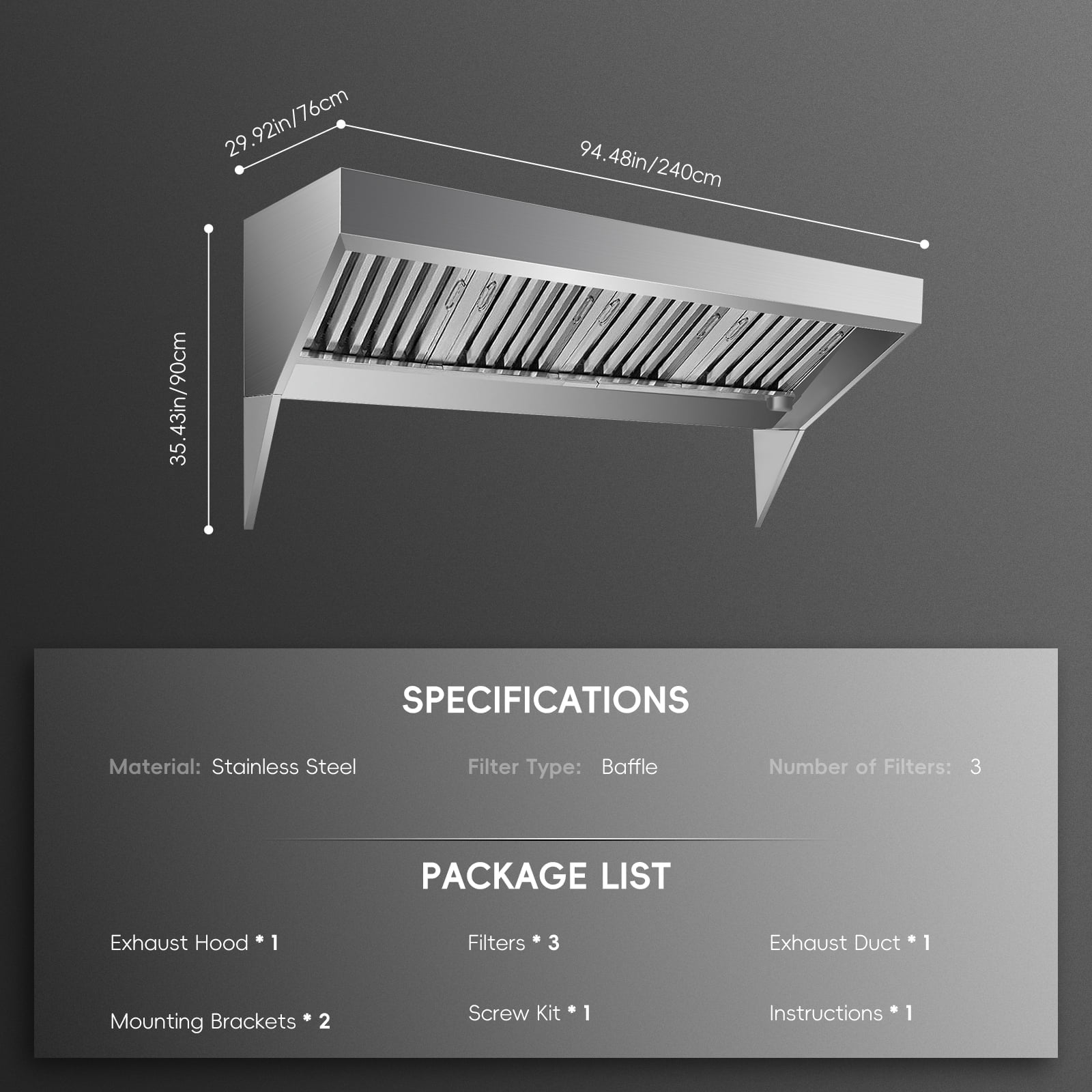 ChaoLink Commercial Exhaust Hood 8FT Rust Resistant Vent Hood 201 Stainless Steel Concession for Kitchen Restaurant with 2 Detachable U-shaped Grid Oil Filter Mesh