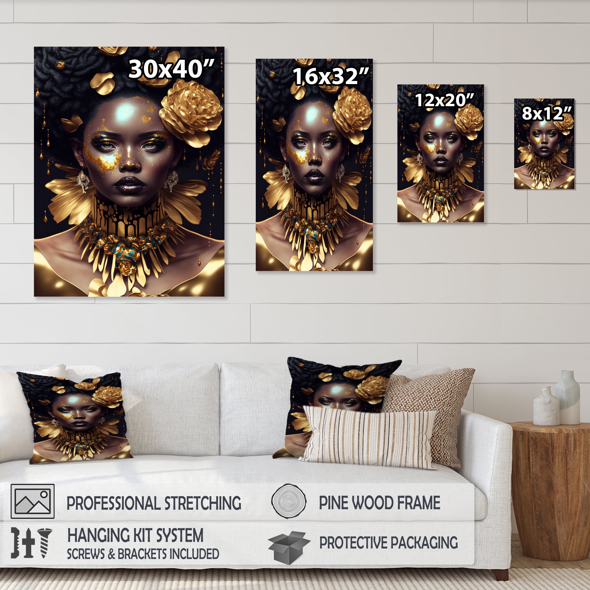 Designart Gold And Black Floral Woman VI Canvas Wall Art