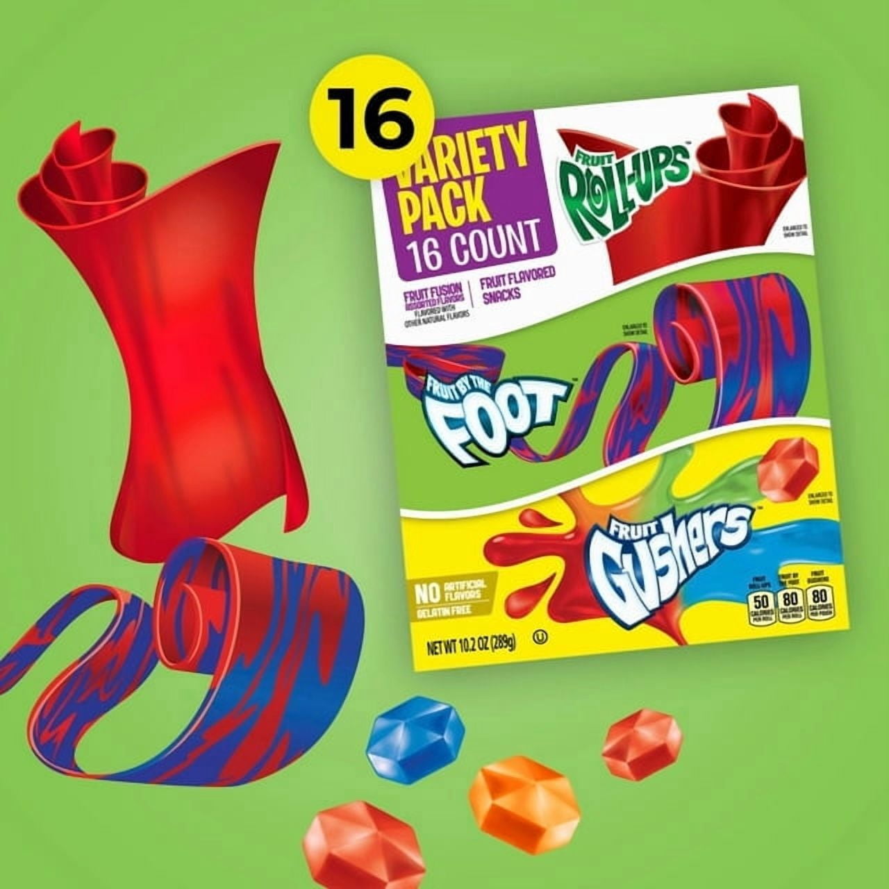(2packs)-Fruit Roll-Ups, Fruit by the Foot, Gushers, Snacks Variety Pack, 16 Ct, 10.2 oz- Mix Flavors 32 Count Total
