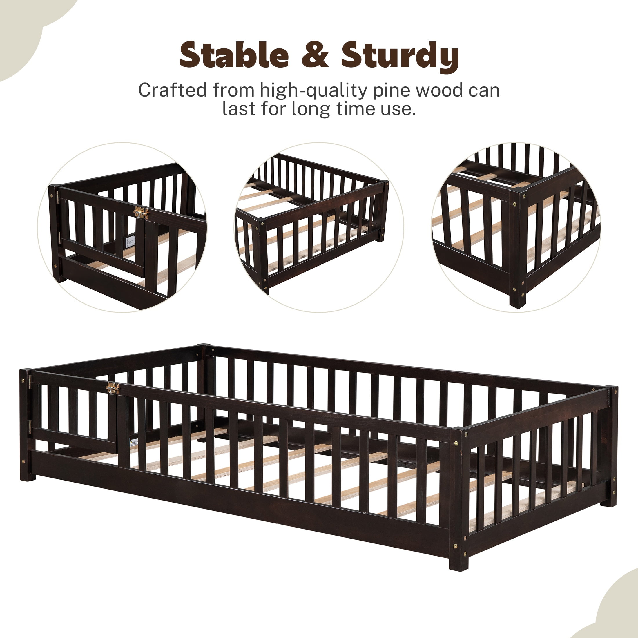 PAPROOS Twin Size Floor Bed, Solid Wood Toddler Bed with Slat, Fence Guardrail and Door, No Box Spri(图3) PAPROOS Twin Size Floor Bed, Solid Wood Toddler Bed with Slat, Fence Guardrail and Door, No Box Spri(图3)