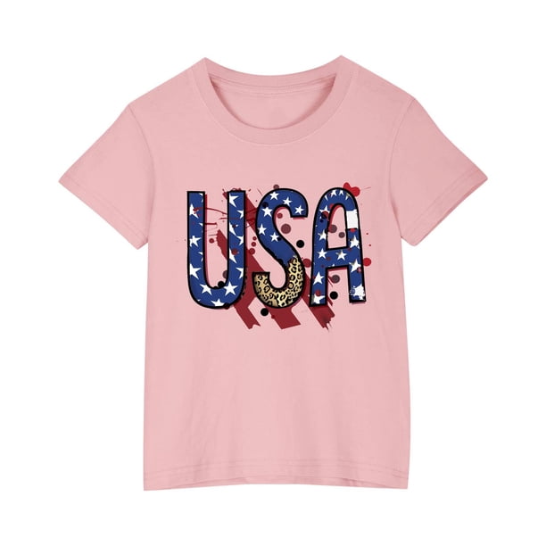 Vestido Corto de Verano Niños Niños Niñas Camiseta de Algodón Cuello Redondo Lindo Día de la Independencia Imprimir Top