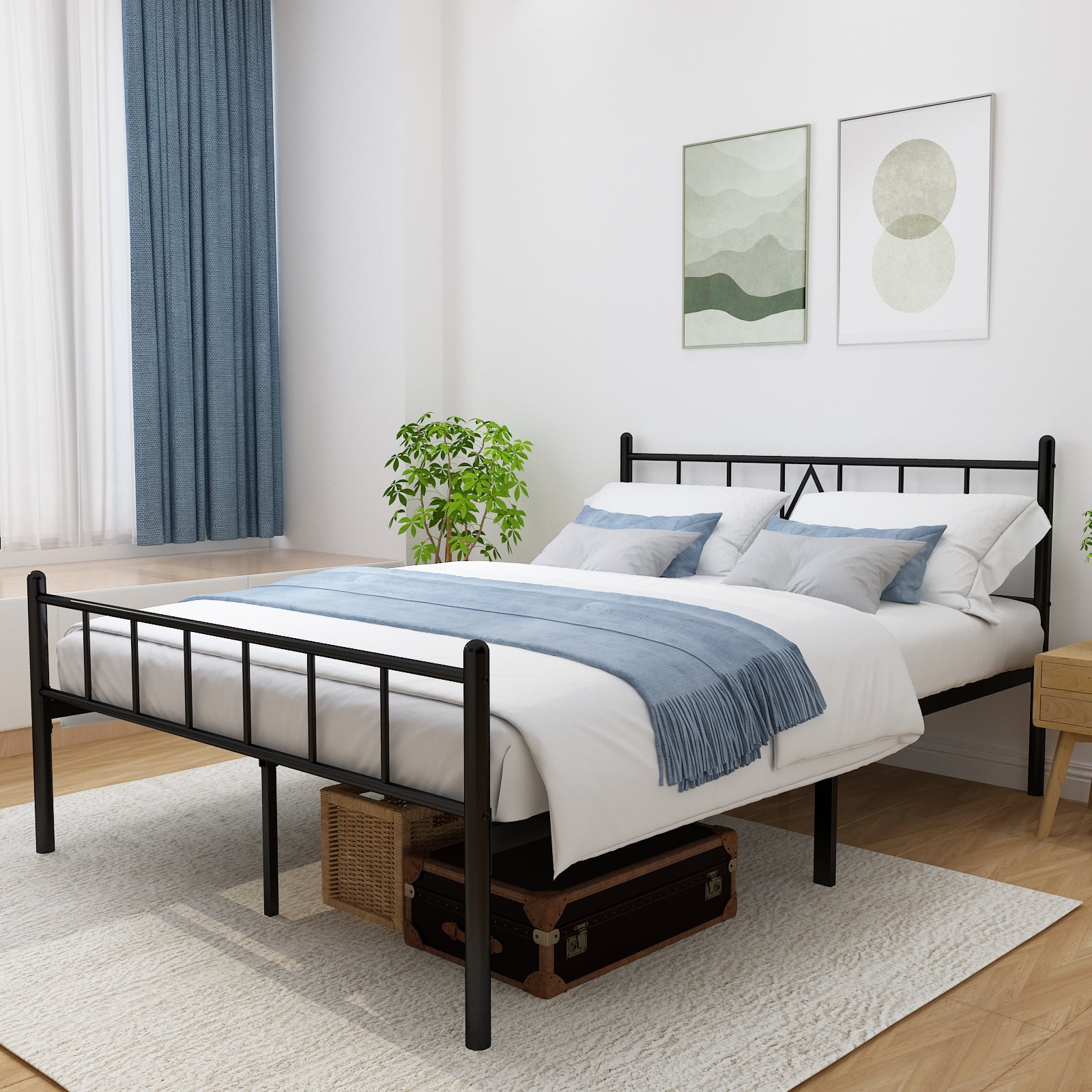 MAYEERTY 14"H Full Size Metal Platform Bed Frames with Iron-Art Headboard, Footboard, Under Bed Storage, No Box Spring Needed, Heavy Duty Metal Slat，Black