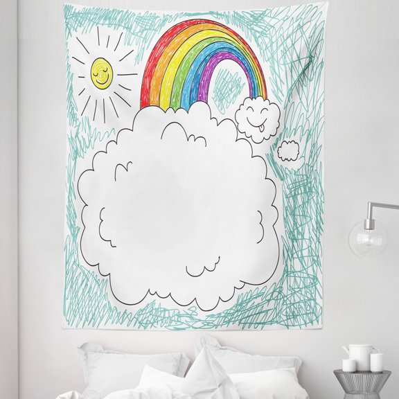 Cartoon Tapestry, Like Drawing Image with Happy Clouds and Sun Vivid Rainbow Print, Fabric Wall Hanging Decor for Bedroom Living Room Dorm, 5 Sizes, Multicolor, by Ambesonne