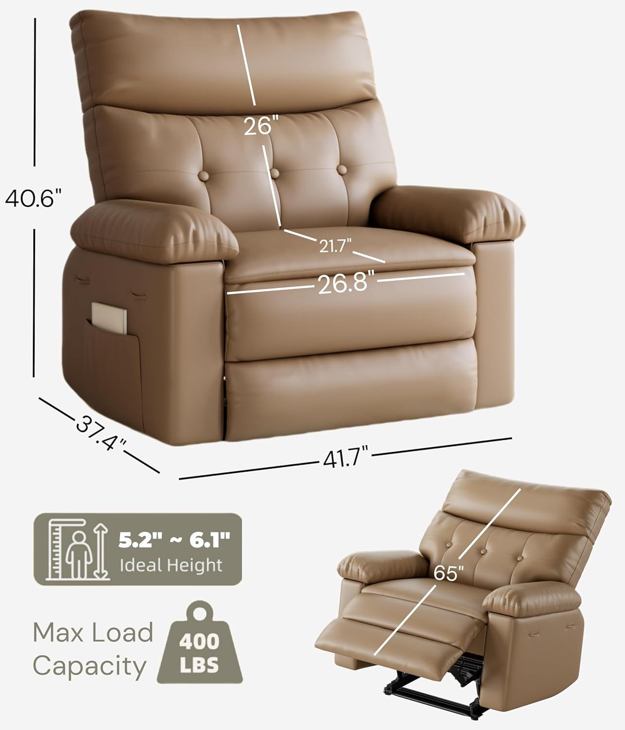 Oversized Extra Wide Recliner Chair - Faux PU Leather Large Manual Recliner for Adults, Exceptional Comfort Lazy Chair with 1.5X Sponge Filling and Easy Recline Mechanism for Relaxation