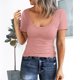 thumbnail image 2 of Gibobby Playeras Mujer Camisa de punto ajustada de manga corta con cuello redondo para mujer, camisetas ajustadas básicas, camisetas de verano de Color sólido Henley（Rosa， M), 2 of 4