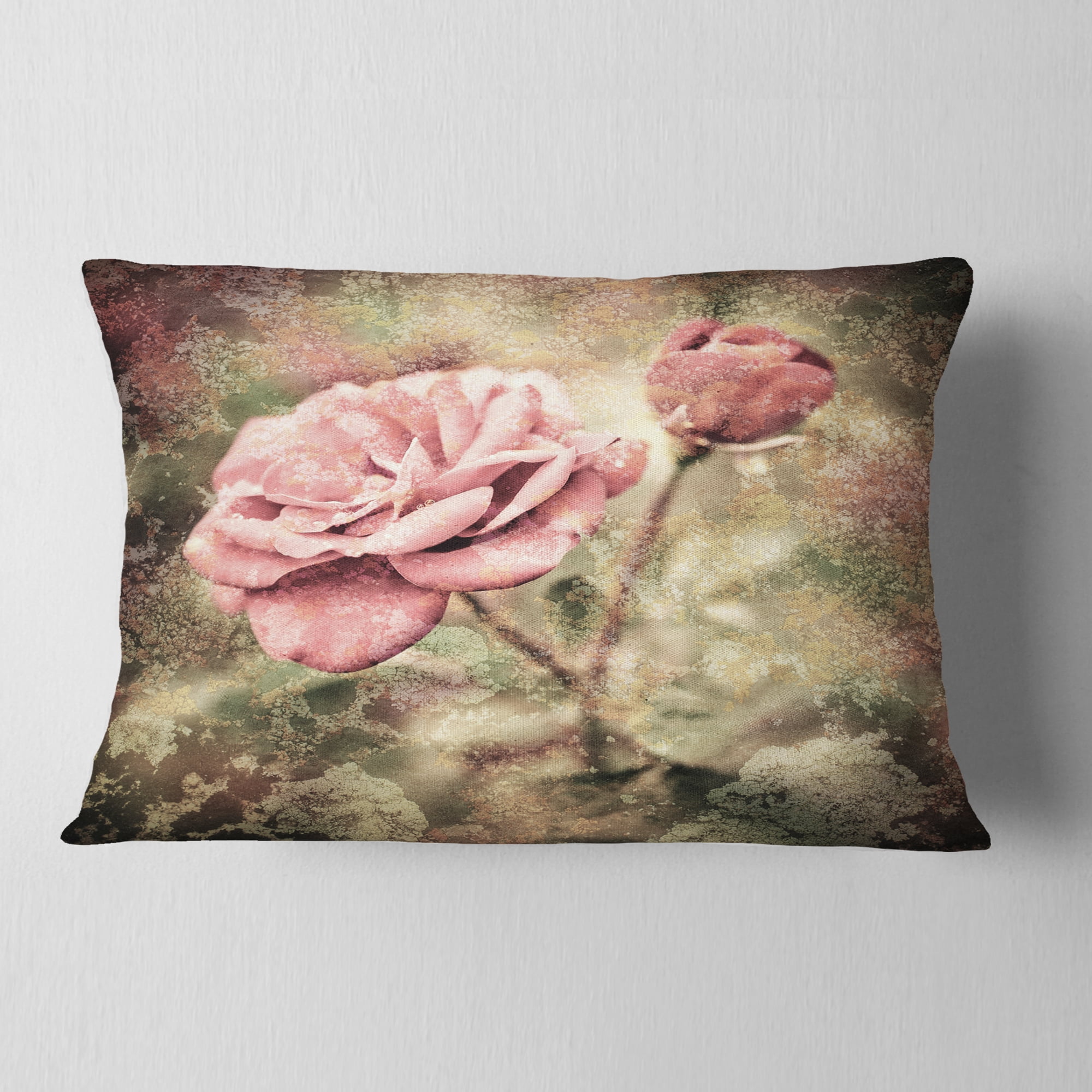 Designart Vintage Pink Roses with Water Drops - Floral Throw Pillow - 12x20